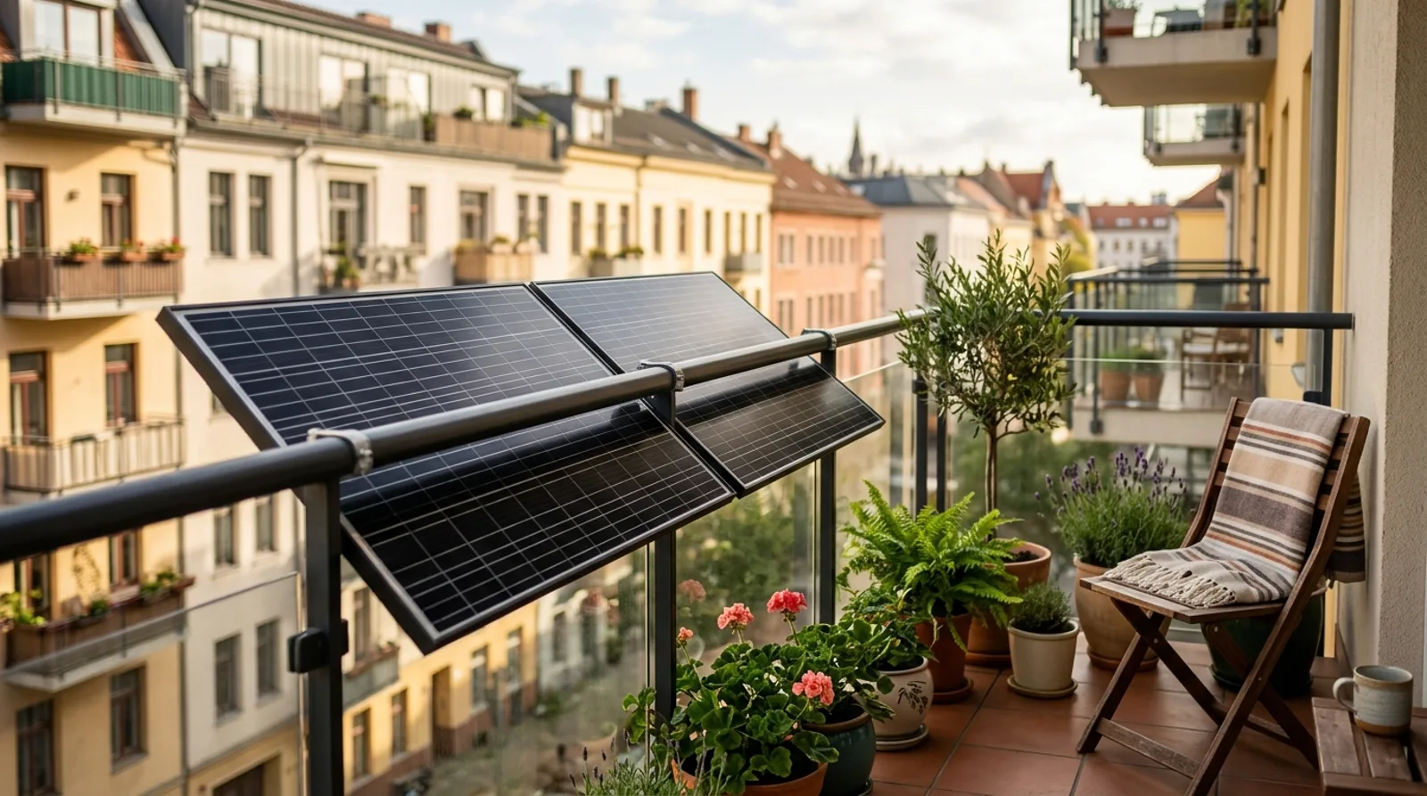 Balkonowa elektrownia słoneczna 800W — dwa panele zamontowane na barierce balkonu w bloku