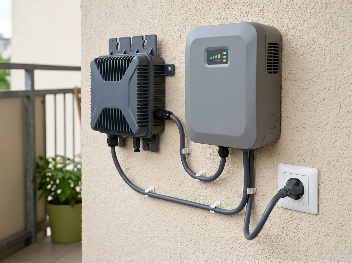Mikroinwerter i magazyn energii plug-in zamontowane na ścianie balkonu obok gniazdka