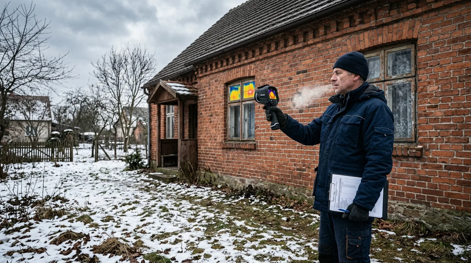 Audytor energetyczny bada kamerą termowizyjną ścianę domu przed złożeniem wniosku w programie Czyste Powietrze