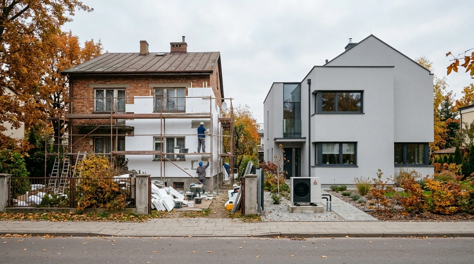 Stary dom z ocieplaną elewacją obok nowego domu z pompą ciepła — Czyste Powietrze czy Moje Ciepło, dwa programy dla dwóch różnych budynków