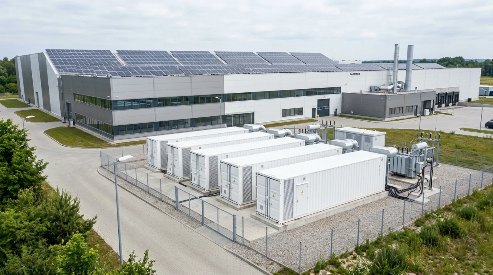 Kontenerowe magazyny energii przy hali produkcyjnej z panelami fotowoltaicznymi na dachu