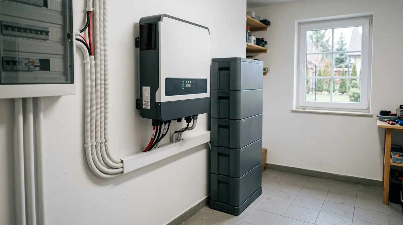 Falownik hybrydowy 3-fazowy na ścianie pomieszczenia technicznego obok modułowego magazynu energii w domu jednorodzinnym