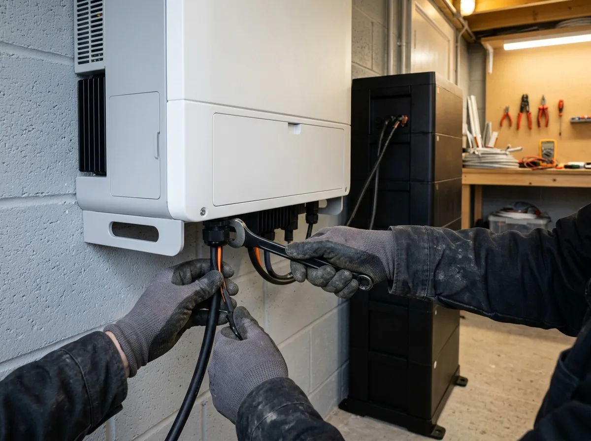 Falownik hybrydowy 3-fazowy zamontowany na ścianie pomieszczenia technicznego obok wysokonapięciowego magazynu energii