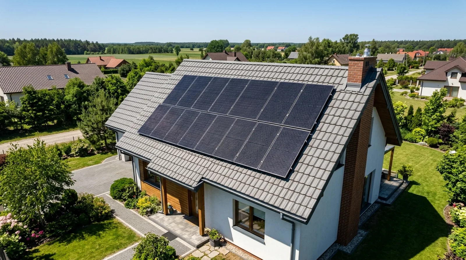 Instalacja fotowoltaiczna 5 kWp — jedenaście paneli na dachu polskiego domu jednorodzinnego