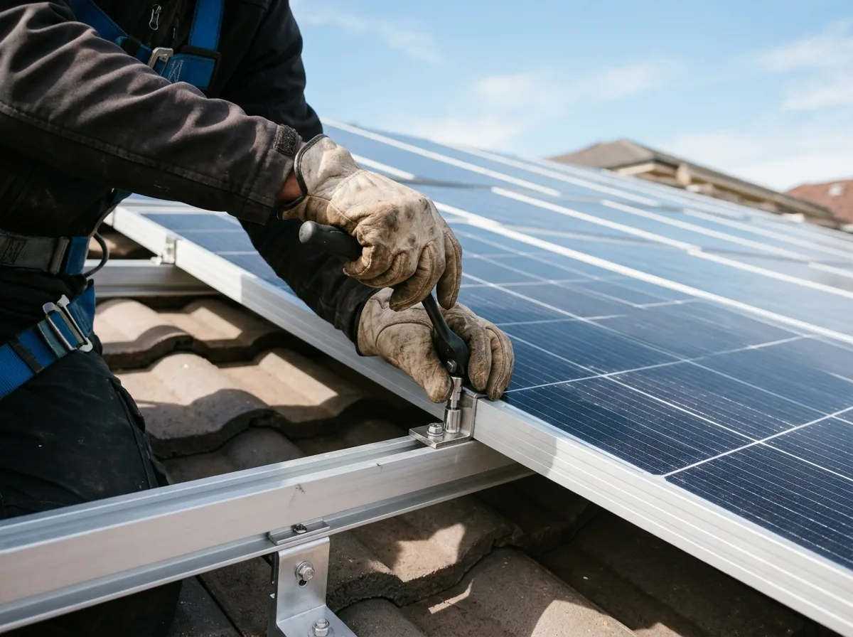 Monter układa panele fotowoltaiczne na konstrukcji aluminiowej na dachu domu — instalacja 5 kWp