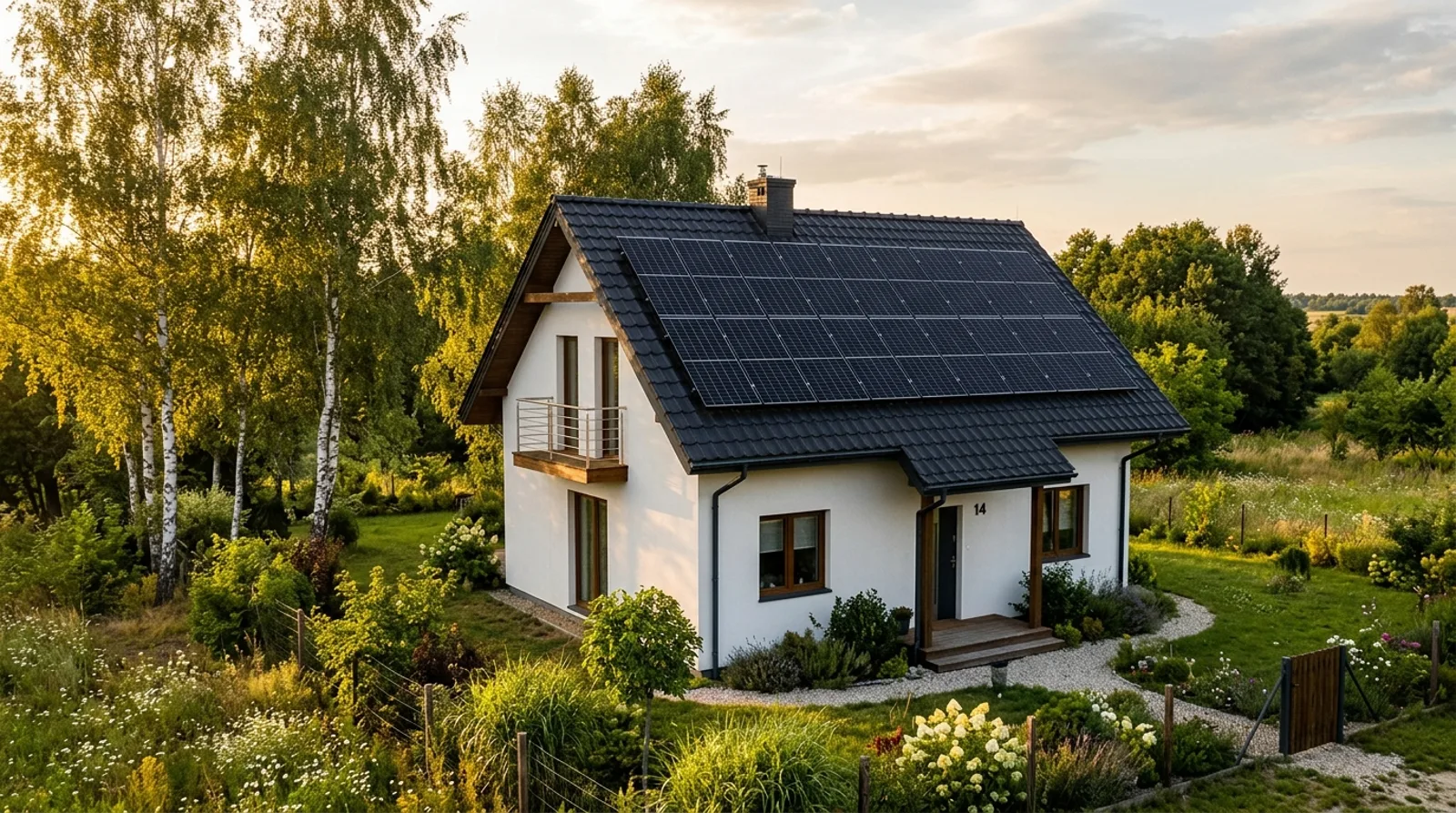Fotowoltaika 8 kWp — czarne panele na połaci dachu domu jednorodzinnego wśród brzóz