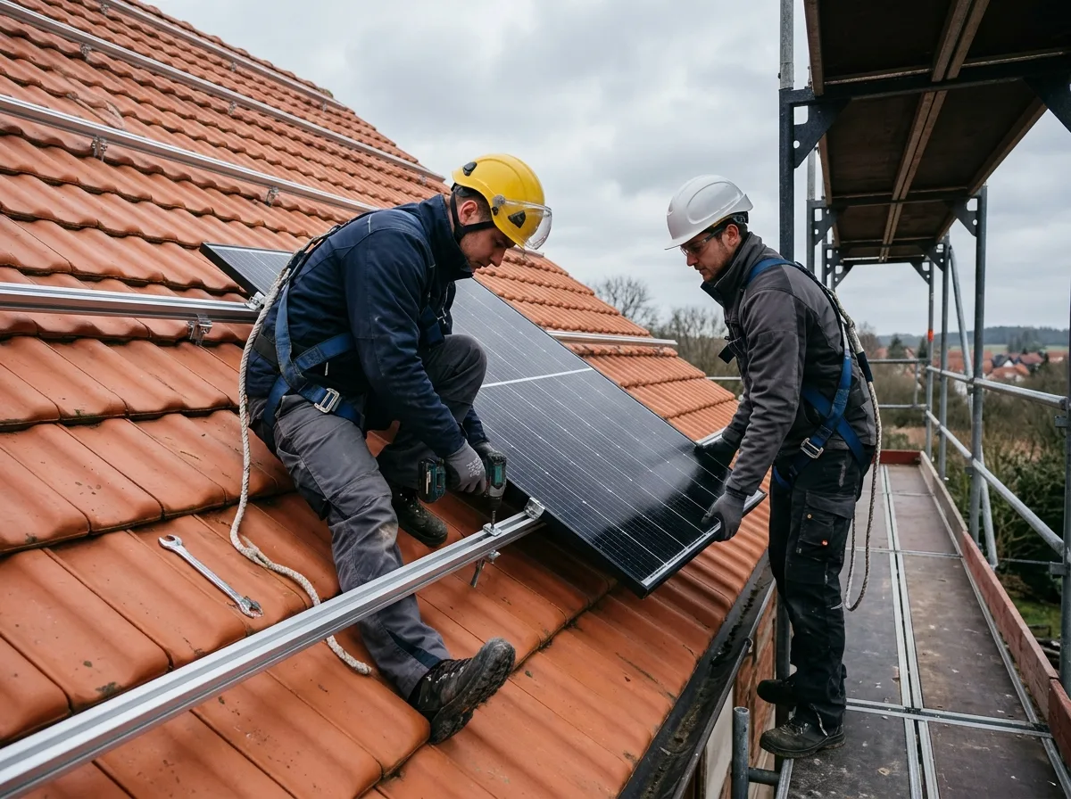 Monterzy mocują panel fotowoltaiczny do szyn aluminiowych na dachu — montaż instalacji 8 kWp