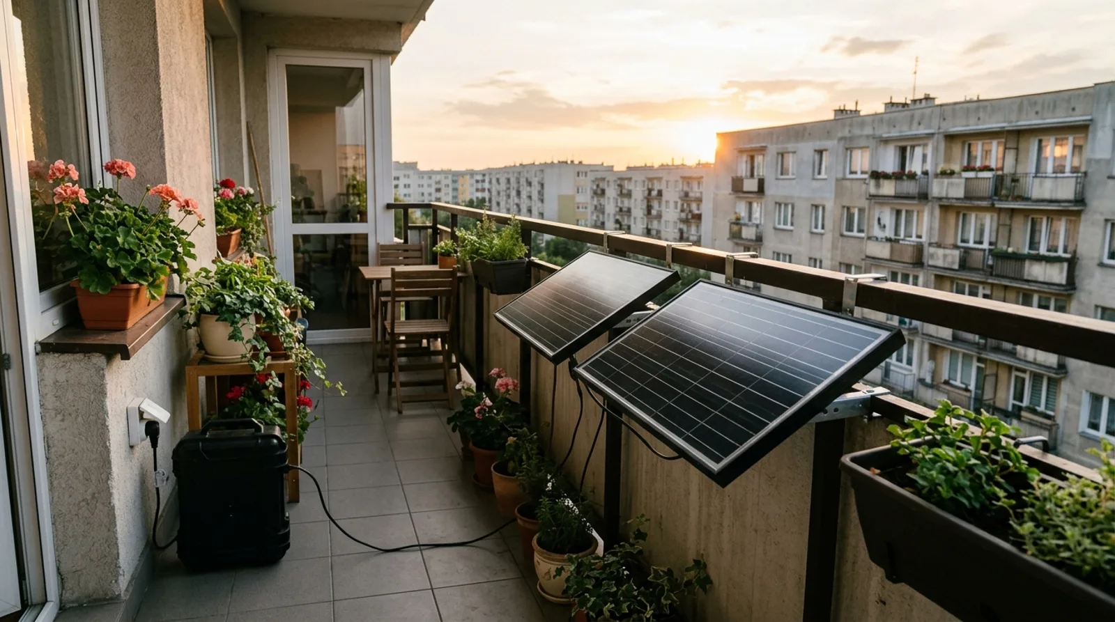 Fotowoltaika balkonowa 800W z magazynem energii — panele na barierce i bateria plug-in przy gniazdku na balkonie bloku