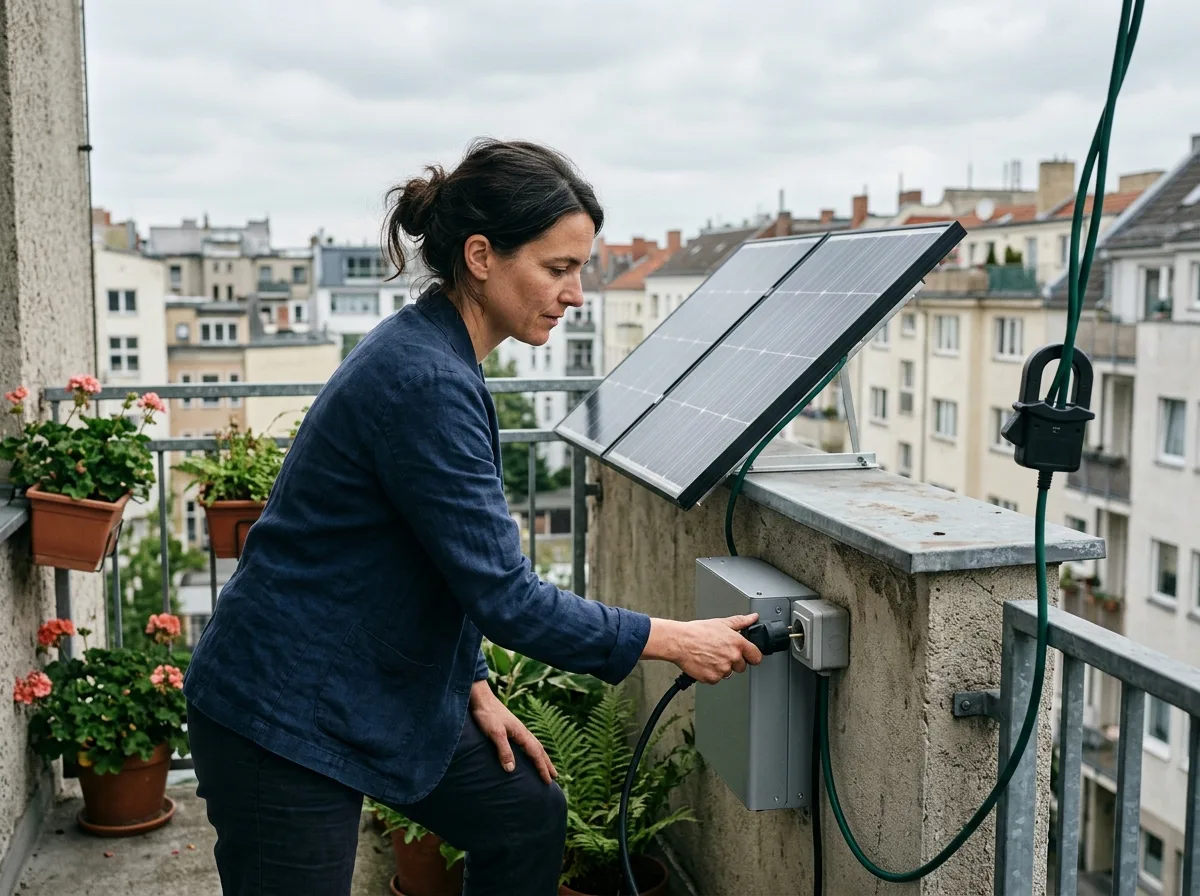Podłączanie magazynu energii plug-in do gniazdka na balkonie, w tle panele fotowoltaiczne 800W na barierce