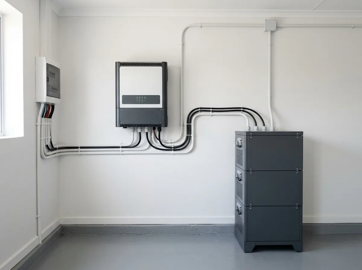 Falownik hybrydowy i magazyn energii w pomieszczeniu technicznym nowej instalacji fotowoltaicznej