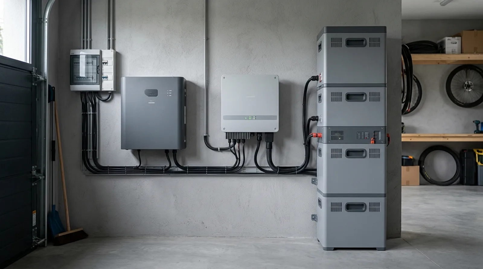 Dwa magazyny energii o pojemności 10 i 15 kWh zamontowane obok siebie w garażu domu jednorodzinnego