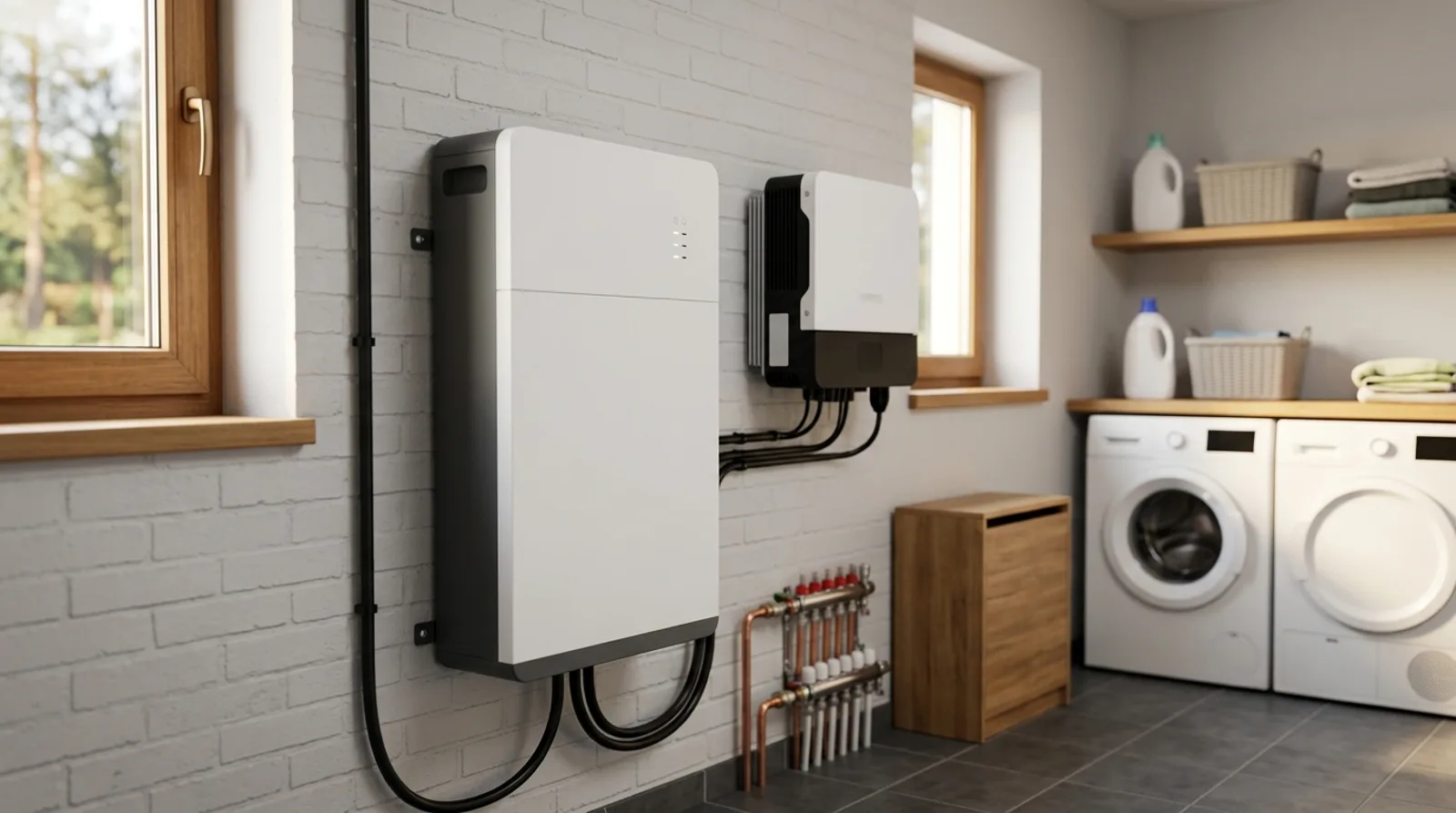 Magazyn energii 10 kWh zamontowany na ścianie pomieszczenia technicznego domu jednorodzinnego