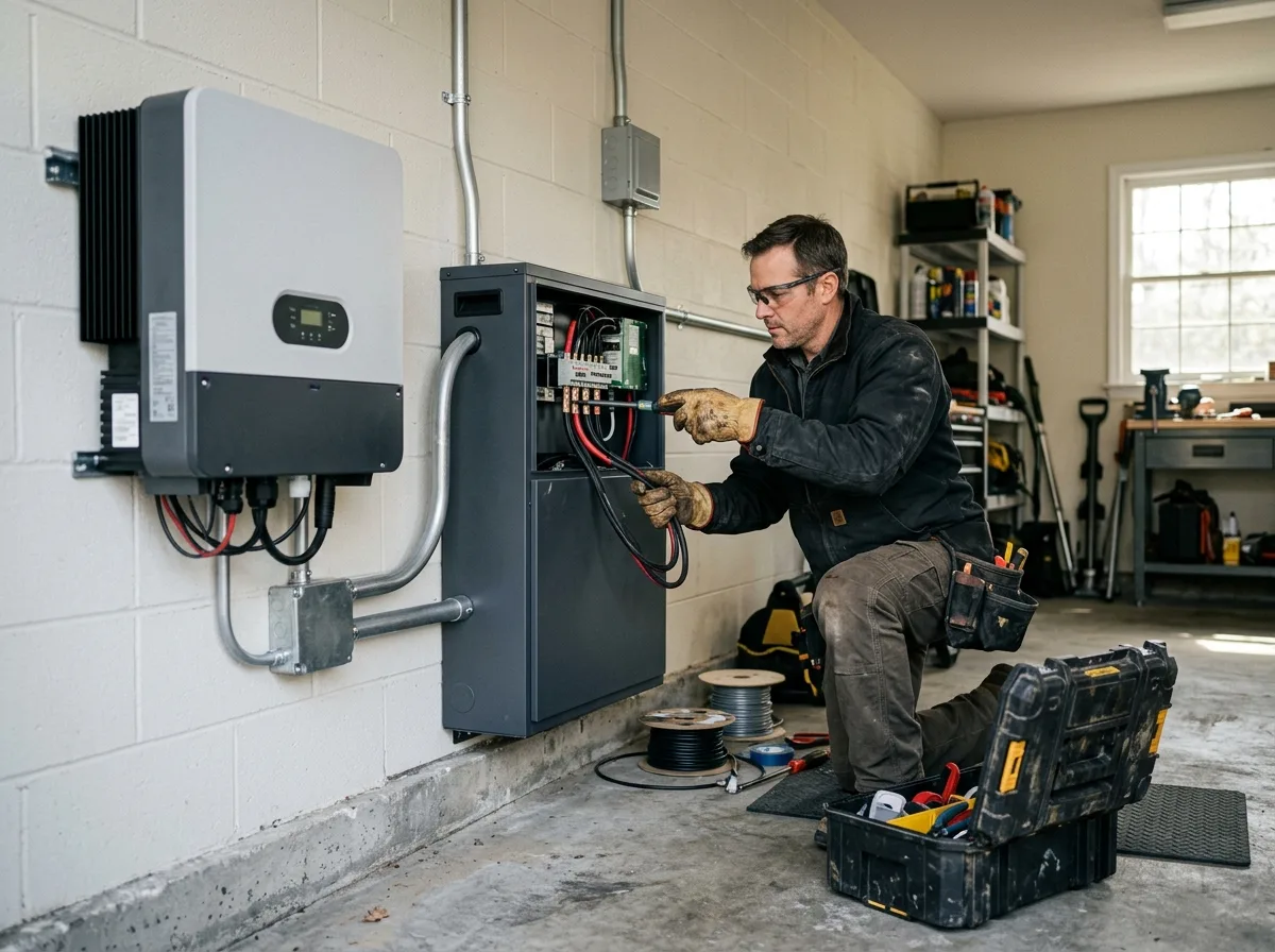 Instalator podłącza okablowanie magazynu energii 10 kWh obok falownika hybrydowego
