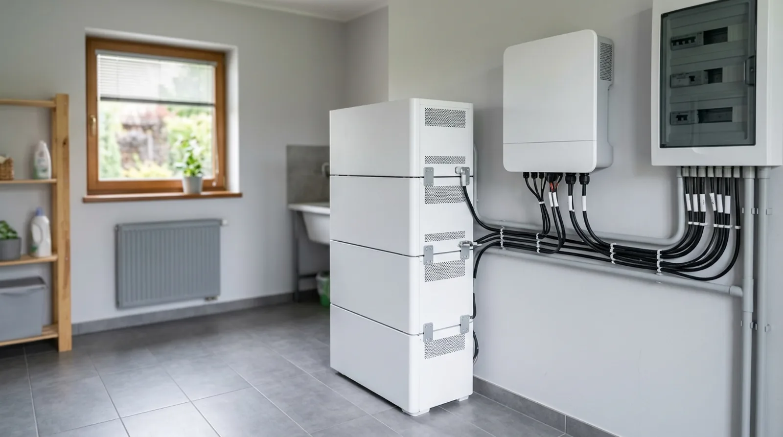 Magazyn energii 20 kWh — cztery moduły baterii obok falownika hybrydowego w kotłowni domu jednorodzinnego