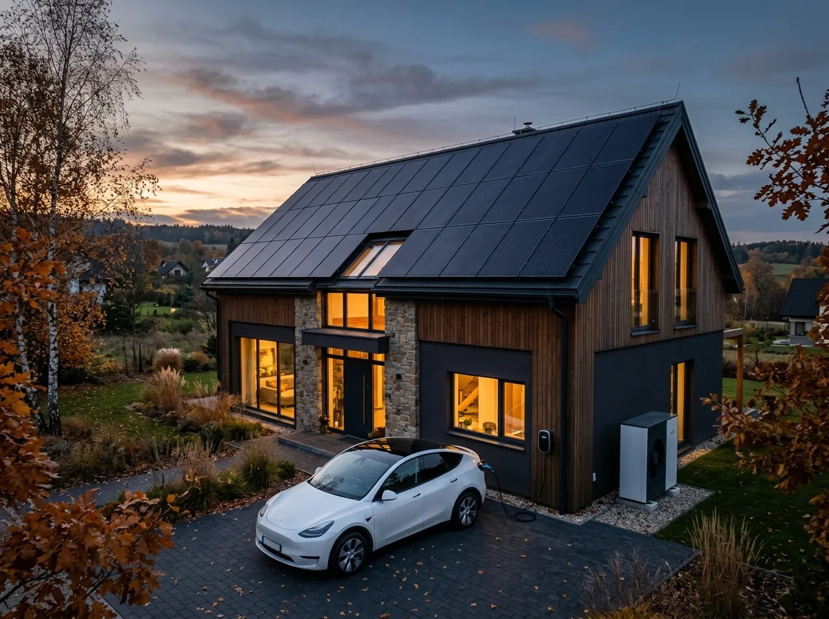 Dom jednorodzinny z fotowoltaiką na dachu, pompą ciepła i ładującym się autem elektrycznym — profil, dla którego dobiera się magazyn energii 20 kWh