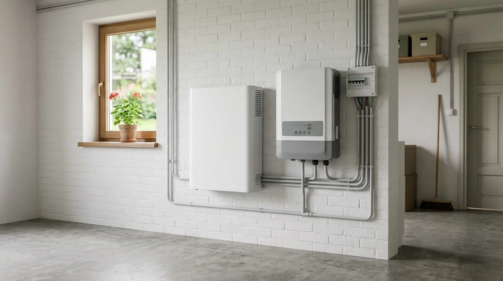 Magazyn energii 5 kWh zawieszony na ścianie pomieszczenia technicznego obok falownika hybrydowego