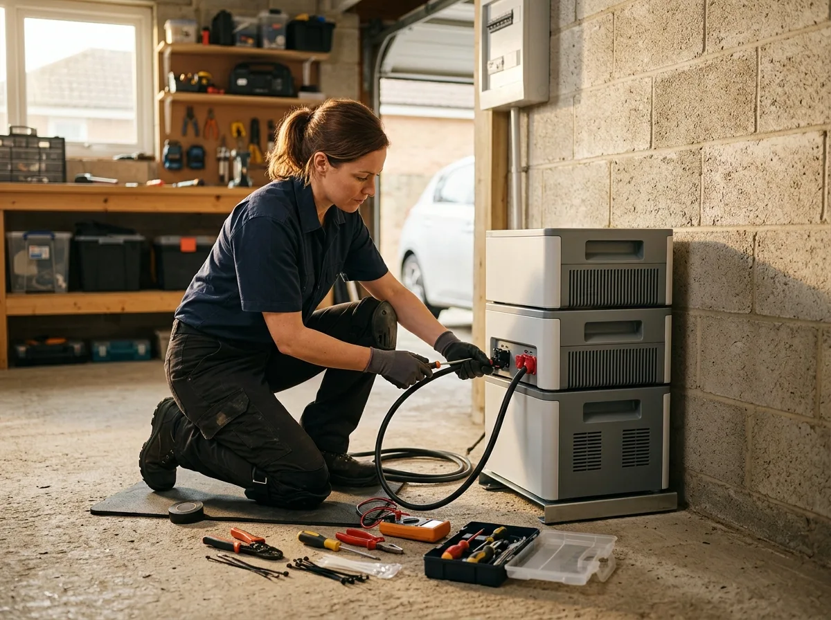 Instalatorka podłącza przewody DC do modułowego magazynu energii 5 kWh w garażu