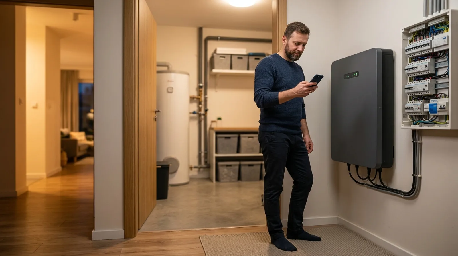 Magazyn energii bez fotowoltaiki zamontowany w pomieszczeniu technicznym domu, właściciel sprawdza ładowanie w aplikacji