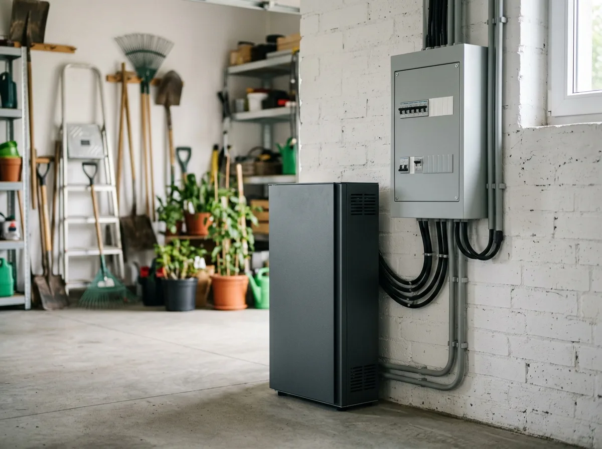 Kompaktowy magazyn energii AC podłączony do gniazdka w domowym pomieszczeniu technicznym, bez instalacji fotowoltaicznej