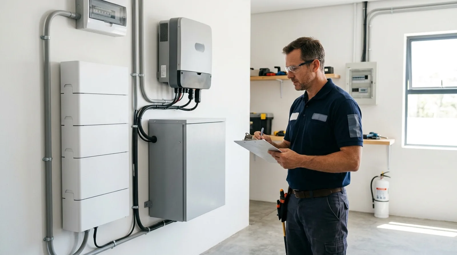 Porównanie dwóch domowych magazynów energii — modułowa wieża bateryjna i szafa z falownikiem hybrydowym w pomieszczeniu technicznym