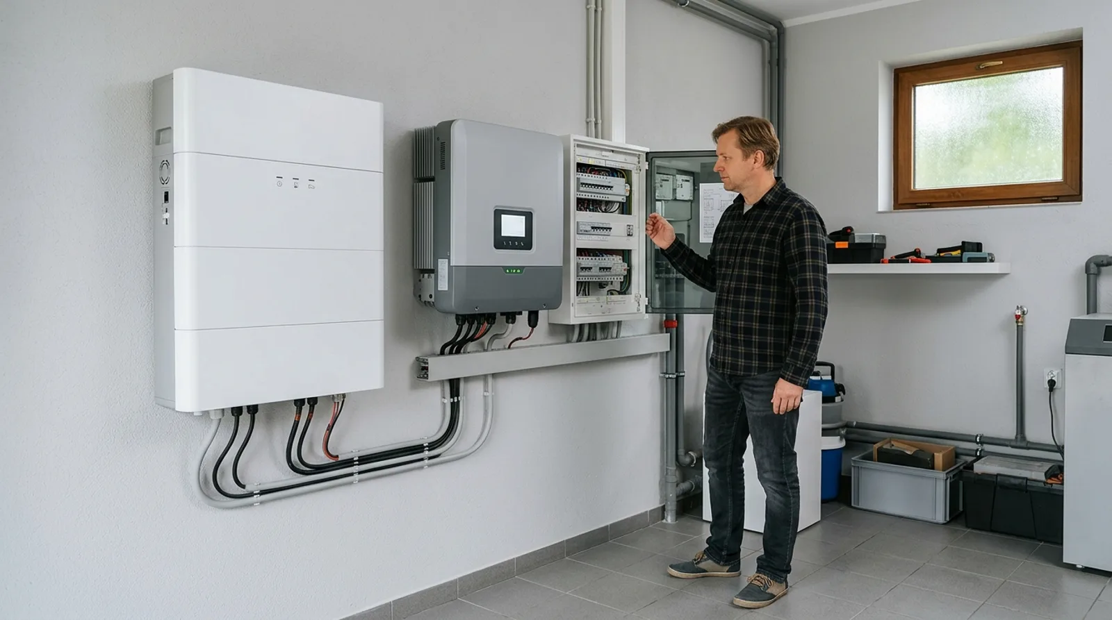 Magazyn energii do domu jednorodzinnego zamontowany na ścianie kotłowni obok falownika hybrydowego