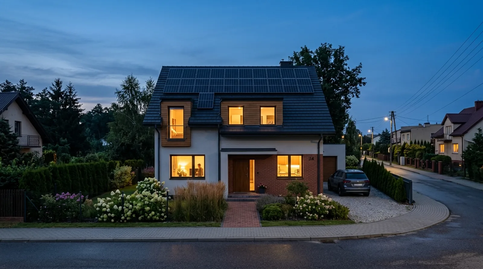 Dom jednorodzinny z instalacją fotowoltaiczną o zmierzchu — pora, w której magazyn energii oddaje zgromadzony prąd