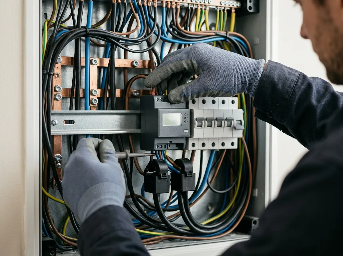 Elektryk montuje licznik energii z przekładnikami prądowymi w rozdzielnicy mieszkania pod magazyn energii plug-in