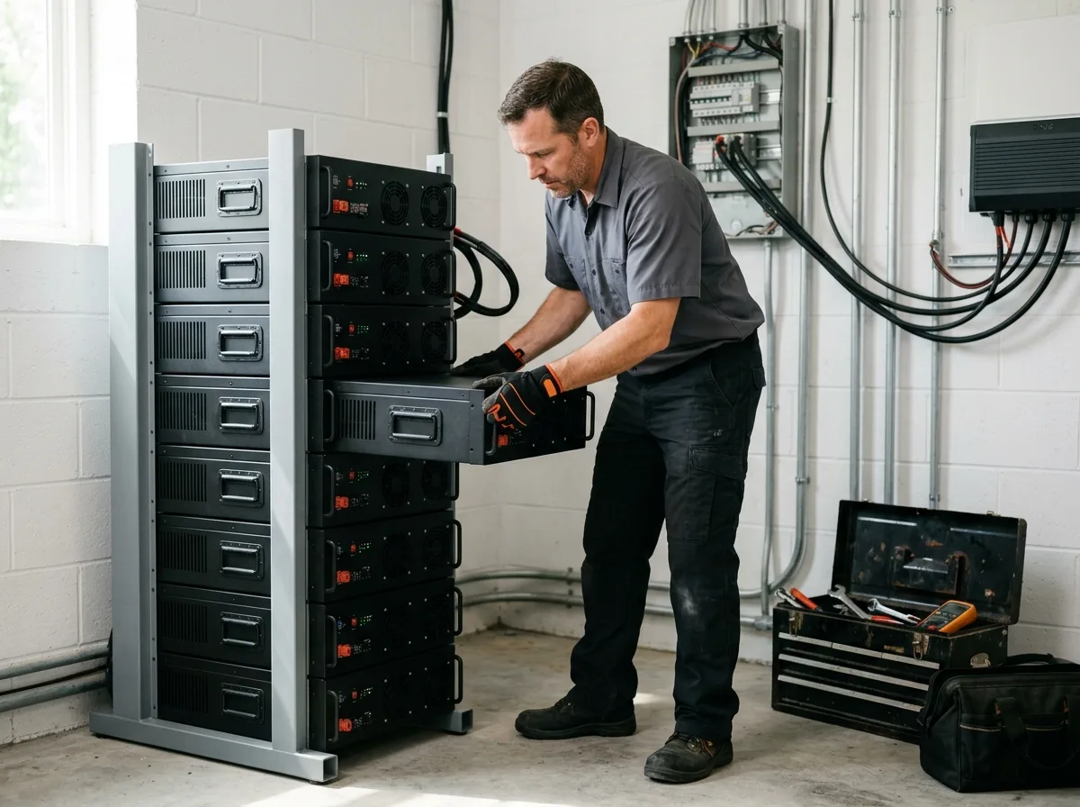 Instalator montuje moduły bateryjne domowego magazynu energii w pomieszczeniu technicznym