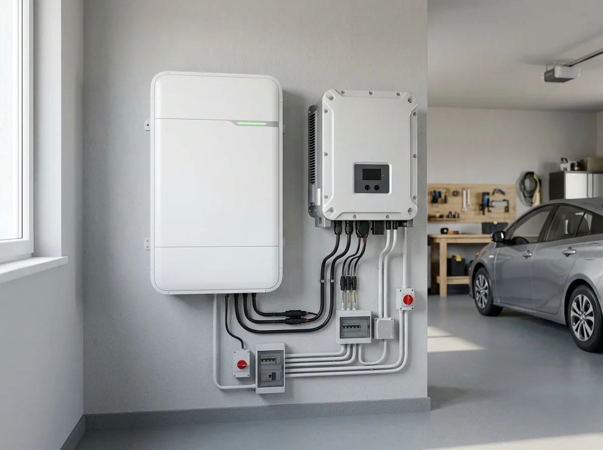 Domowy magazyn energii zamontowany na ścianie garażu obok falownika