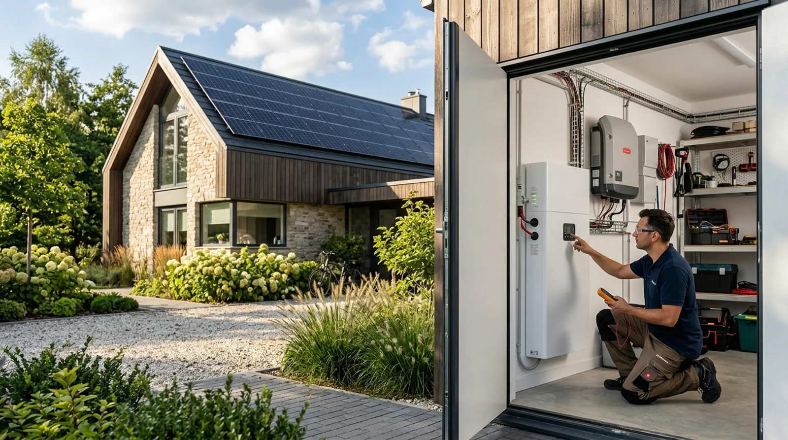 Dom jednorodzinny z instalacją fotowoltaiczną 10 kW na dachu i magazynem energii w pomieszczeniu technicznym