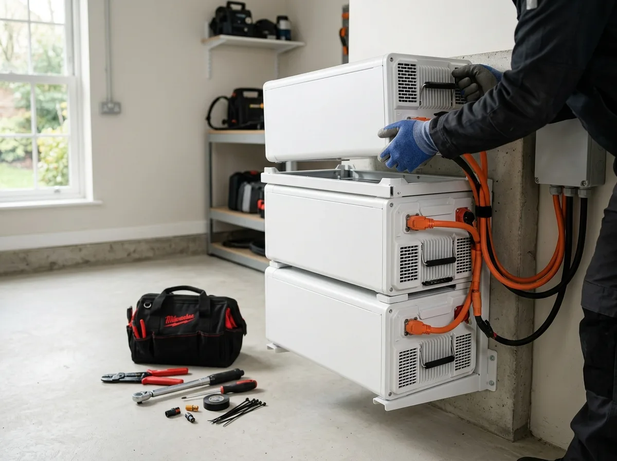 Modułowy magazyn energii do fotowoltaiki 10 kW — instalator podłącza kolejny moduł bateryjny w szafie w garażu