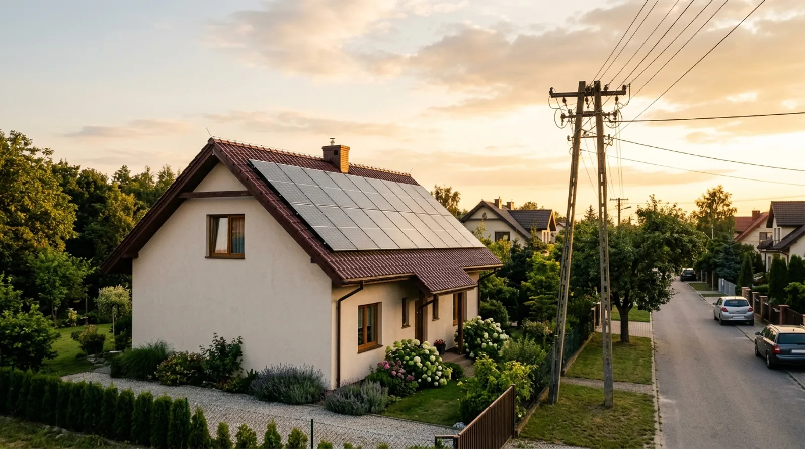 Instalacja fotowoltaiczna na dachu polskiego domu jednorodzinnego i linia energetyczna przy ulicy