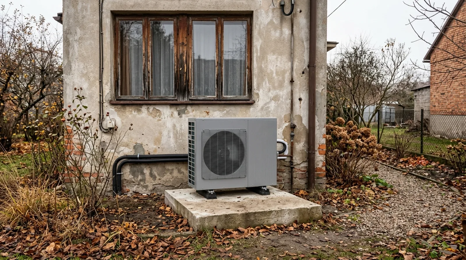 Jednostka zewnętrzna pompy ciepła przy ścianie starego domu jednorodzinnego z lat 80.