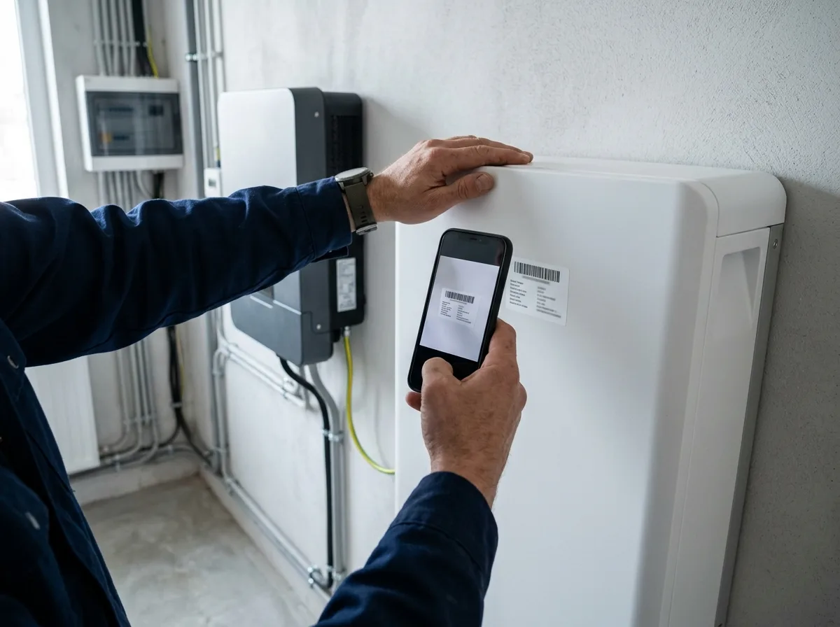 Instalator fotografuje tabliczkę z numerem seryjnym magazynu energii — zdjęcie wymagane do wniosku o dotację PME część 2