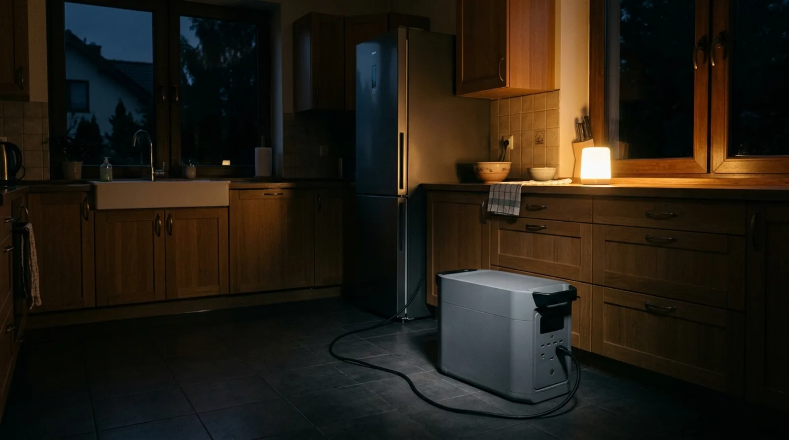 Stacja zasilania na blackout zasilająca lodówkę w ciemnej kuchni domu jednorodzinnego podczas przerwy w dostawie prądu