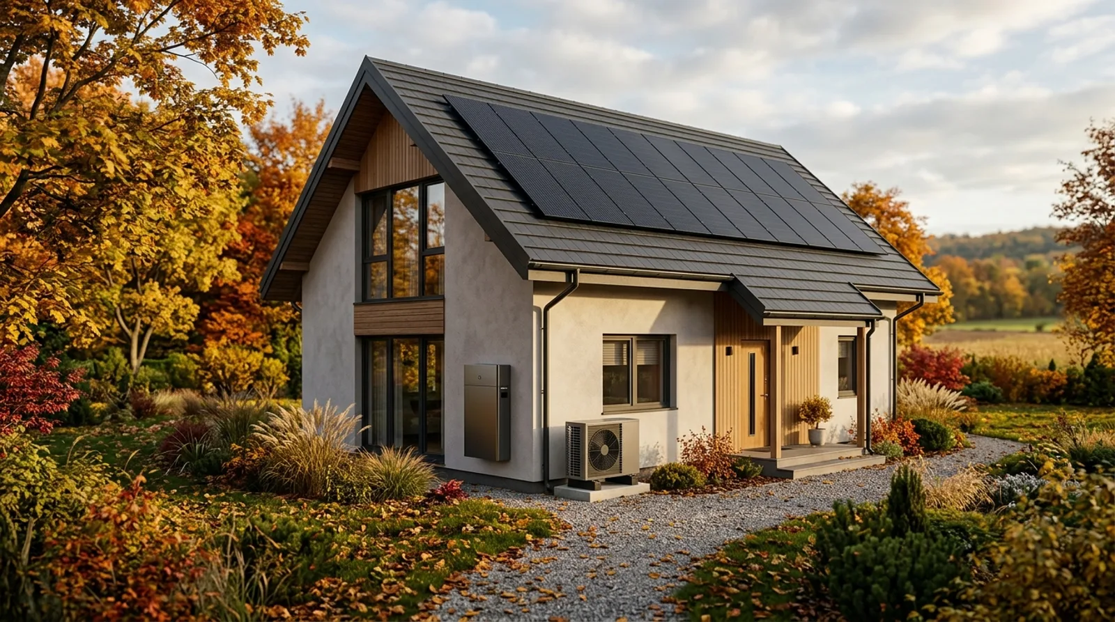 Dom jednorodzinny z fotowoltaiką na dachu i magazynem energii przy ścianie — inwestycja objęta ulgą termomodernizacyjną 2026